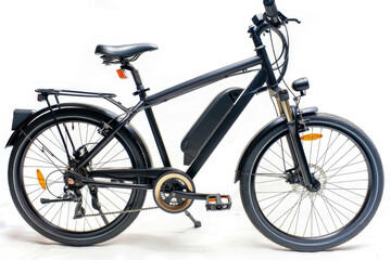 A sleek black electric bicycle designed for urban commuting and leisure rides. isolated on white background