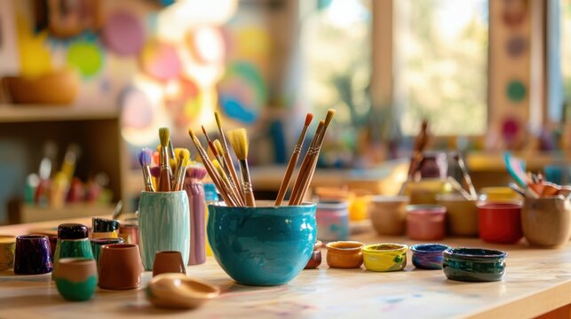 A peaceful ceramics painting class with ceramic paints and pottery, Painting tools organized in a bright classroom setting, Artistic classroom style