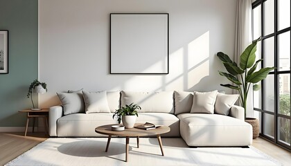 A modern living room with a white sofa, a wooden coffee table, and a large framed artwork on the wall