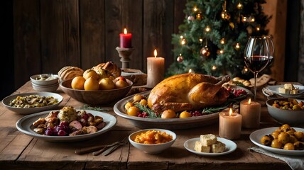 Rustic Table with Gourmet Holiday Feast Thanksgiving country dinner breakfast lunch healthy food event celebrate christmas holiday food.