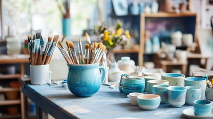 A peaceful ceramics painting studio with ceramic paints and pottery, Painting tools organized in a bright studio space, Artistic studio style