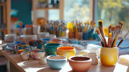 A peaceful ceramics painting workshop with ceramic paints and pottery, Painting tools organized in a bright workshop setting, Artistic workshop style
