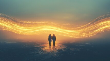 Couple holding hands, walking towards glowing wave in misty landscape.