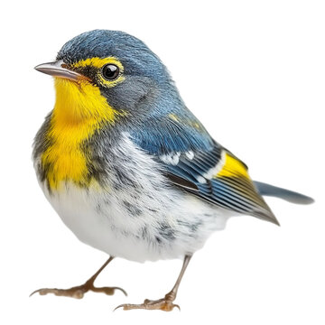 Front view full body shot of an extremely perfect looking single Northern Parula bird isolated on a white transparent background