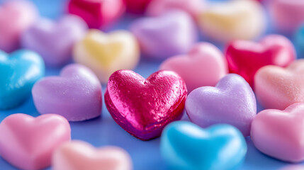 Fototapeta premium Colorful Assortment of Heart Shaped Candies in Bright Pastel Colors for Sweet Treats : Generative AI
