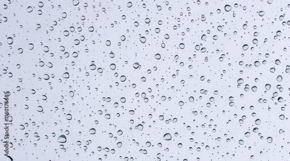 Poster raindrops linger on a wet glass surface, creating an abstract texture that contrasts with a vibrant,