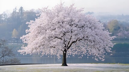 A magnificent and beautiful cherry blossom tree standing alone, with a beautiful view