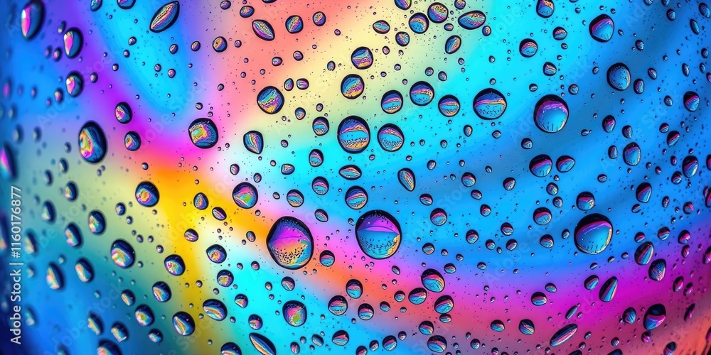 Poster bright and vibrant raindrops cling to a glass surface, creating a captivating blend of colors in the