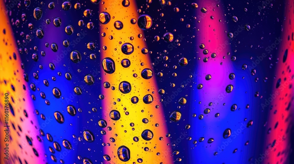 Poster raindrops cling to the glass surface, reflecting vibrant colors through a blurred backdrop, creating