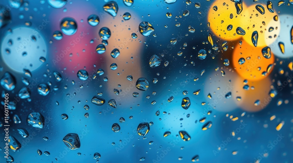 Poster raindrops collect on a glass surface, creating an abstract visual effect with colorful blurred light