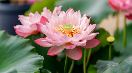 Vibrant Pink Lotus Flower Blooming Amidst Lush Green Leaves in Calm Garden Setting : Generative AI