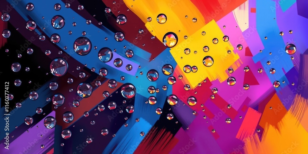 Poster raindrops rest on a glass surface, reflecting a colorful and blurred background that enhances the ab