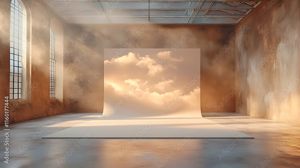 Poster a serene photography studio with a backdrop of clouds, creating a calm atmosphere.