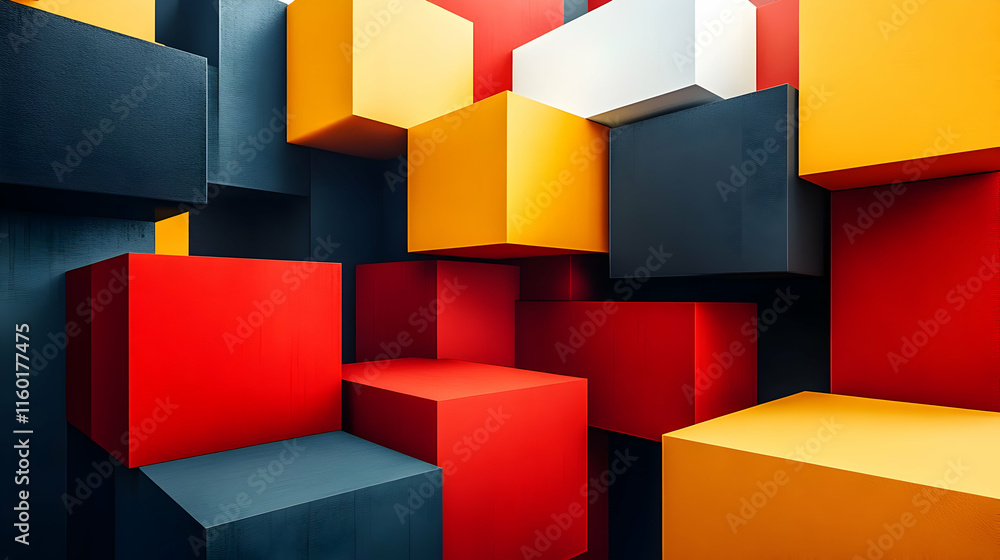 Poster abstract composition of colorful geometric blocks creating a dynamic visual arrangement.