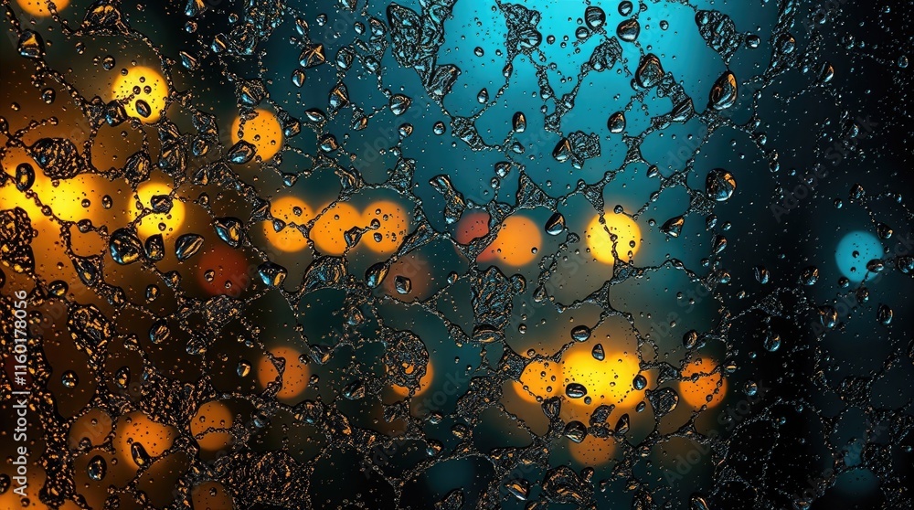 Poster raindrops cling to glass, distorting a vibrant, blurred backdrop of colors that create an abstract v