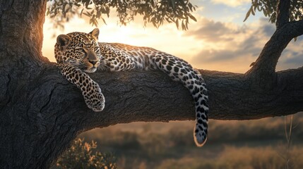 Leopard Resting on a Branch at Sunset