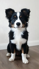 Fototapeta premium Adorable Mini Aussie Puppy Sitting Indoors on Wood Floor.