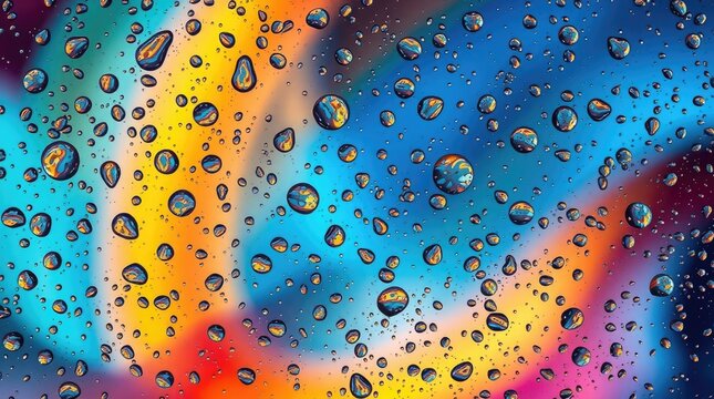 Abstract drops of water cling to glass, showcasing a vibrant burst of colors in the blurred background, creating a mesmerizing wet texture that captures attention