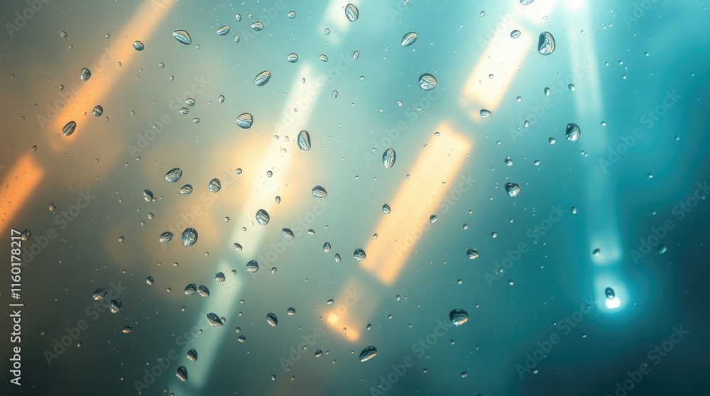 Poster raindrops accumulate on a glass surface, reflecting light in a blur of vibrant colors, creating a me