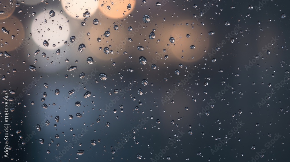 Poster raindrops cling to the glass, distorting the colorful lights in the blurred background, creating a m