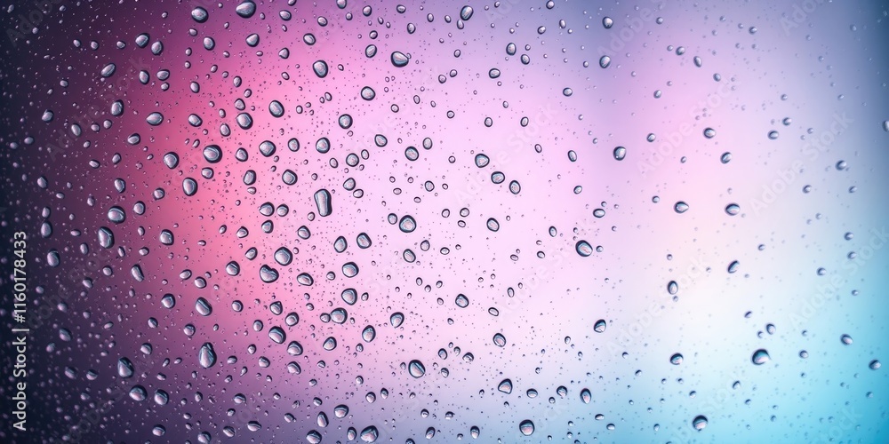 Poster raindrops cling to a glass surface, reflecting light and colors from a blurred background, creating 