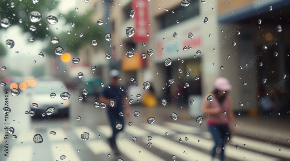 Poster raindrops cling to glass, creating an abstract effect while colorful blurred images of pedestrians a