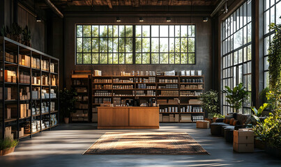 A modern workspace with shelves, plants, and natural light for productivity and relaxation.