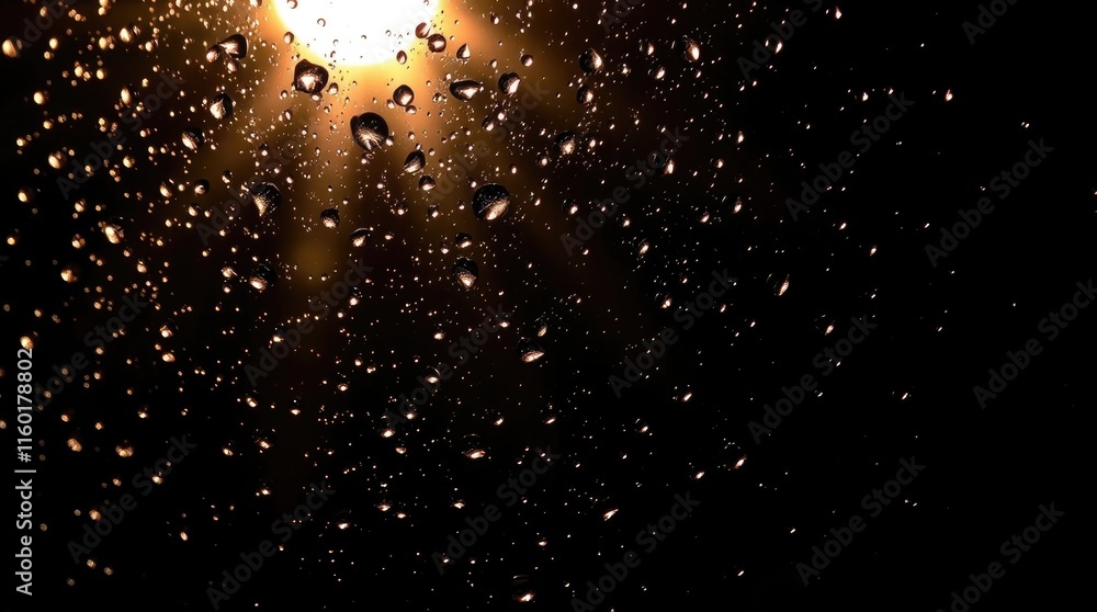 Poster raindrops cling to glass, creating a mesmerizing abstract effect as colorful lights blur in the back
