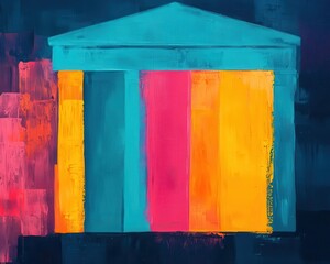 Abstract financial stability symbolized through a glowing bank structure painted in acrylic