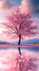 A magnificent and beautiful cherry blossom tree standing alone, with a beautiful view