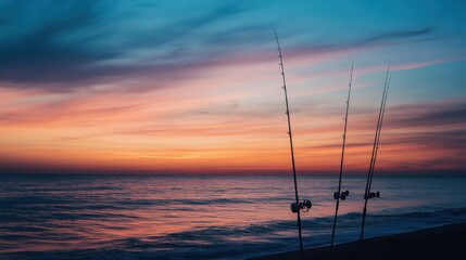 A peaceful sea fishing spot at sunrise, Fishing rods silhouetted against calm ocean waters, Coastal tranquility style