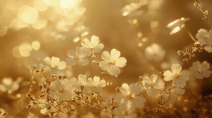 Golden hour sunlight illuminates delicate white wildflowers in a field.