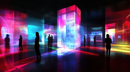 Naklejka premium Silhouetted figures in a vibrant, futuristic light installation.