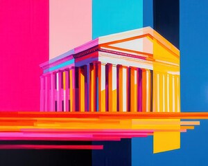 Acrylic depiction of a bank building glowing with vibrant streaks of financial activity
