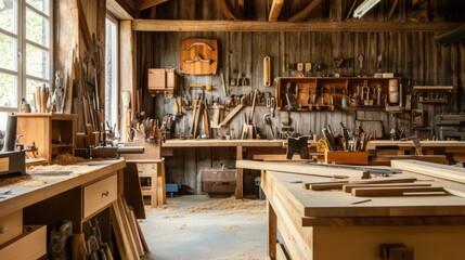 A peaceful woodworking workshop with carpentry tools and timber, Woodworking tools organized on workbenches, Rustic workshop style