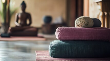 A peaceful yoga retreat with yoga mats and meditation cushions, Yoga props arranged in a serene retreat setting, Zen retreat style