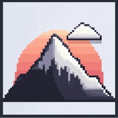 Fototapeta premium A delightful 8-bit pixel art of a glowing pixelated mountain range with tiny pixelated climbers, sparkling peaks, and pixelated clouds, set on a pastel orange and blue background for an adventurous 