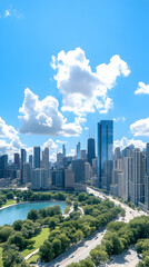 Fototapeta premium Chicago Skyline Summer Aerial View Lake, Park, Road, Cityscape, Tourism.
