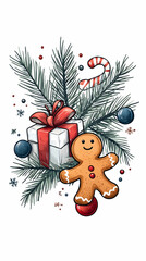 Christmas gift, gingerbread man, candy cane, fir branch, winter illustration, holiday card design.