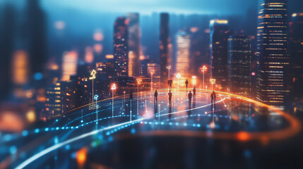 Obraz premium abstract professional business team people innovation connection of line from nail node to node on Smart Innovation city with connection cyber security network reciprocity , networking concept