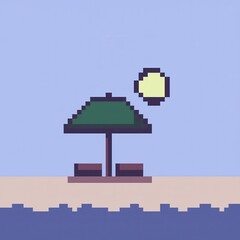 A fun 8-bit pixel art of a sunny beach scene with a glowing sun, pixelated waves, and tiny umbrellas, set against a bright pastel background for a summer vibe. 