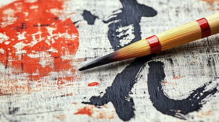 Close-up of a calligraphy brush resting on a piece of Japanese calligraphy art with red and black ink strokes on aged paper.