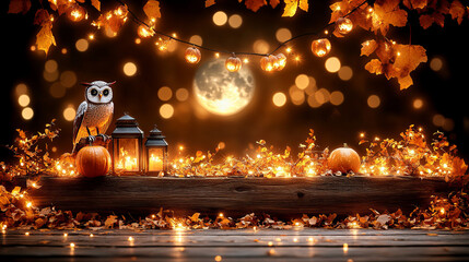 Fototapeta premium cozy autumn scene featuring owl, pumpkins, and lanterns surrounded by glowing lights and falling leaves, perfect for Halloween celebration