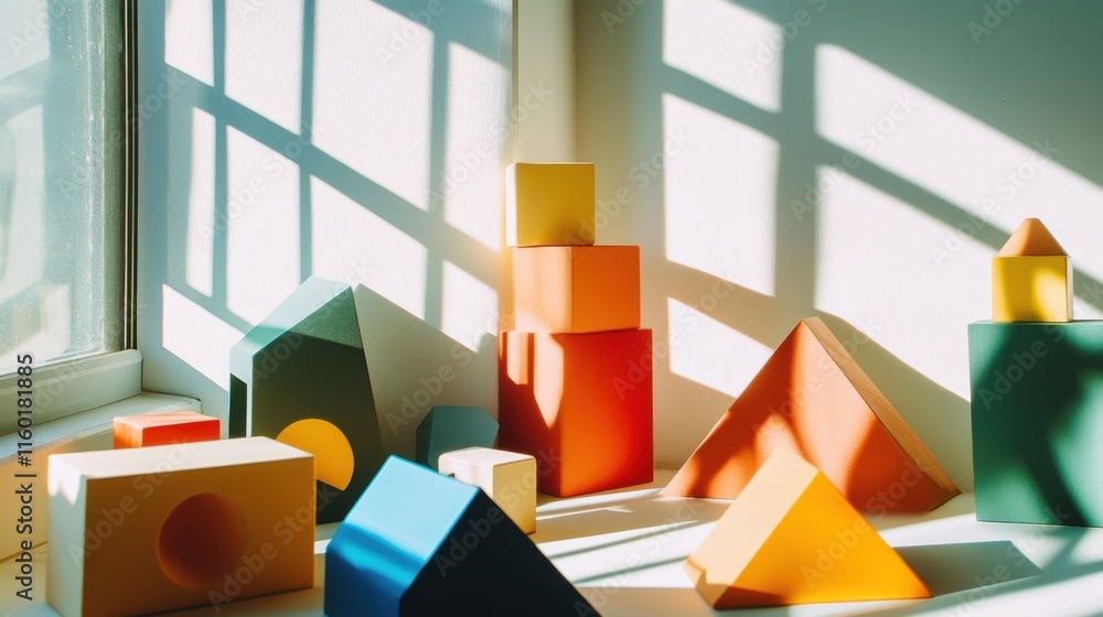 Poster a playful building blocks setup in a sunlit room, colorful blocks arranged creatively, modern minima