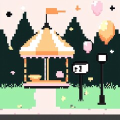 Naklejka premium A playful 8-bit pixel art of a glowing carousel surrounded by pixelated balloons, confetti, and stars, set on a pastel lavender and pink background for a festive and nostalgic carnival vibe. 