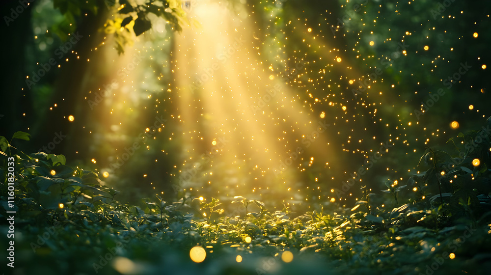 Poster a serene forest scene illuminated by golden rays, creating a magical atmosphere with particles.