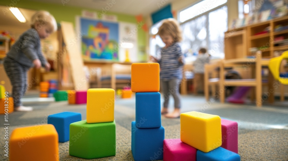 Poster a playful daycare center with toddlers building structures from soft foam blocks, blocks arranged fo