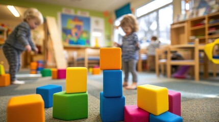 A playful daycare center with toddlers building structures from soft foam blocks, Blocks arranged for safe and imaginative play, Early childhood development style