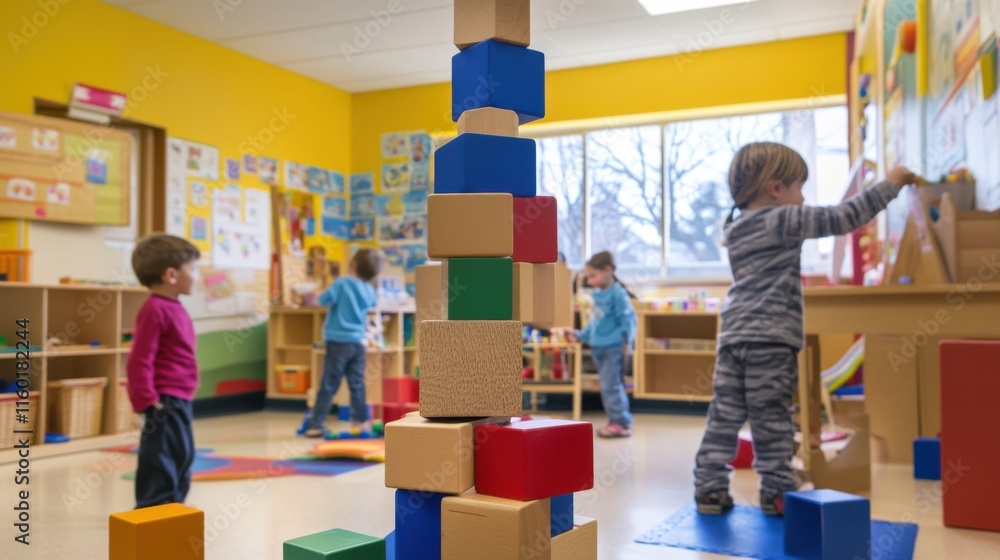 Poster a playful kindergarten classroom with children building imaginative structures from blocks, blocks s