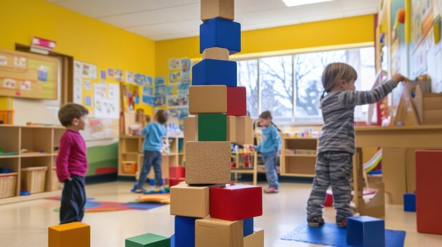 A playful kindergarten classroom with children building imaginative structures from blocks, Blocks stacked in creative formations, Early childhood education style